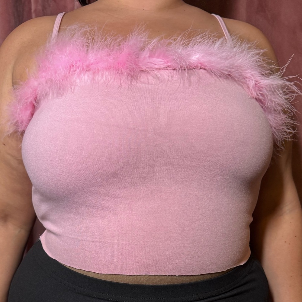 Pink Feather Trim Cropped Cami Top